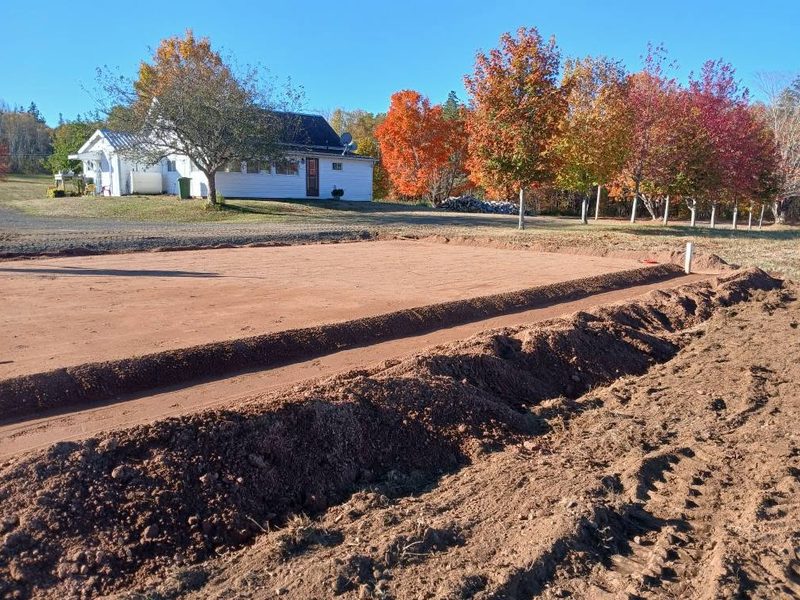 Building pad graded level with footing trenches dug and ready for concrete